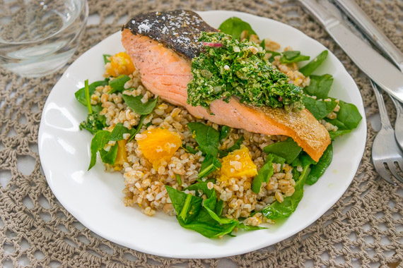 Salmon Fillets with Salsa Verde with Orange, Spinach & Farro Salad