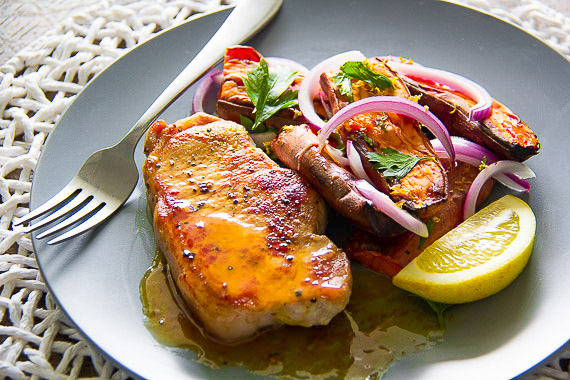 Seared Pork Loin Chops with Roasted Sweet Potato Salad